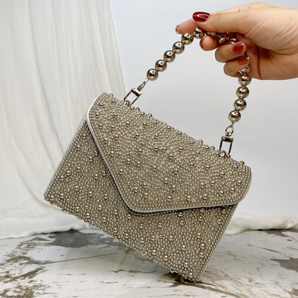 Pearl Chain Shoulder Bags Luxury Purse Gold Bright Silk Evening Bag Women Elegant Fashion Banquet Clutch Female Handbag