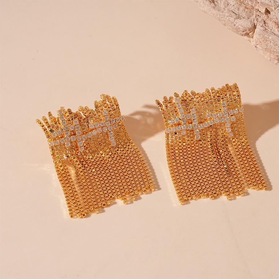 European and American zircon cross wide face short fringed silver needle earrings real gold electroplating light luxury earrings