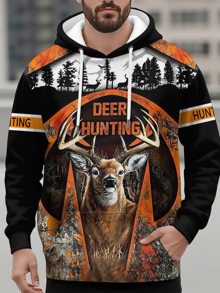 Fall Men's Sweatshirt Casual Long Sleeve Hooded Pullover Elk Print Top Fashion Oversized Animal Men's Hoodie Streetwear