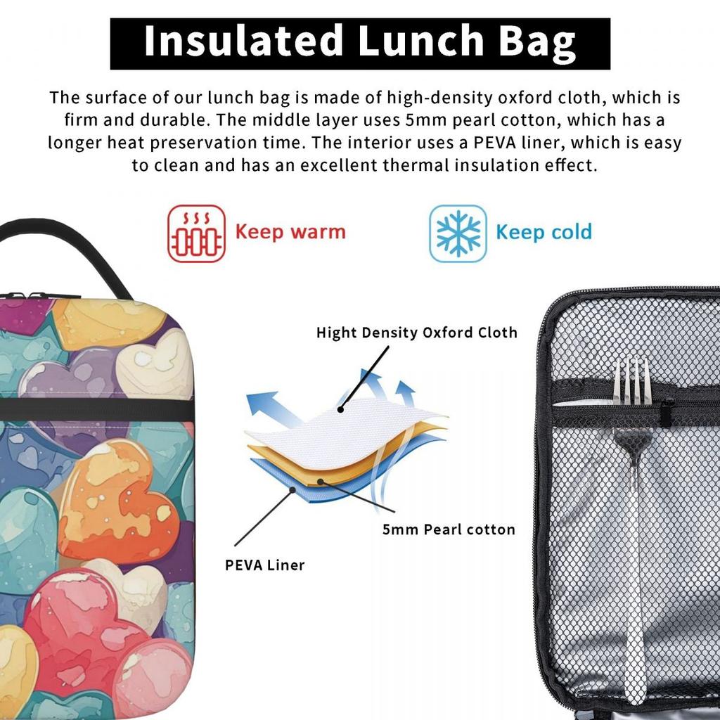 Borsa Termica per Pranzo con Fantasia Cuori Colorati per Bambini, Borsa Frigo Scolastica, Contenitore Termico per Cibo, Borsa Tote, Contenitori Portatili per Pranzo