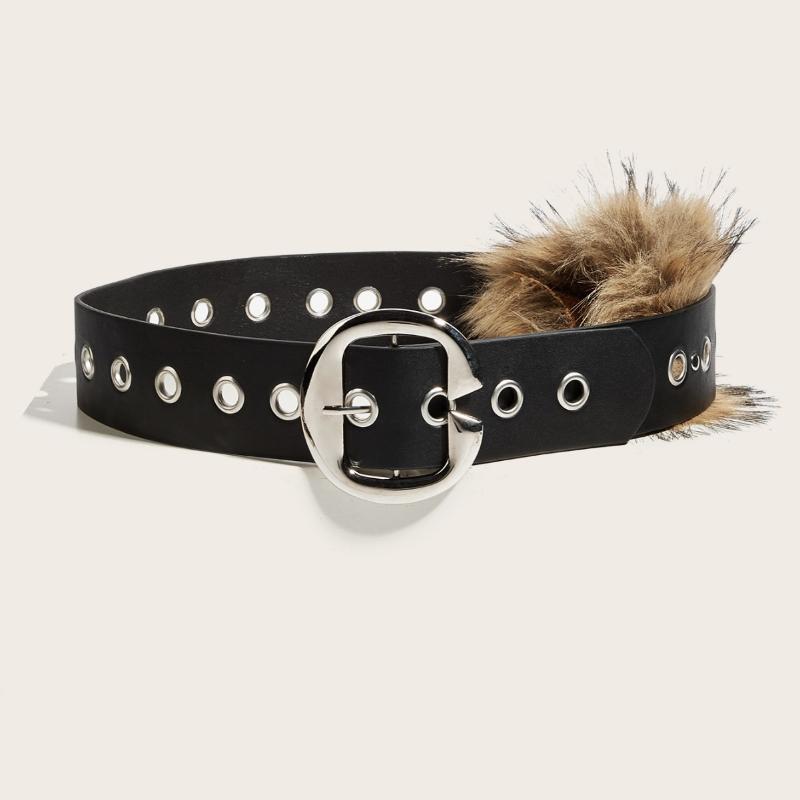 Punk Pu Leather Fur Belt Y2K Metal Studded Plush Waist Chain Faux Fur Belts Furry Sexy Vintage Waistband Hiphop Jeans Belt