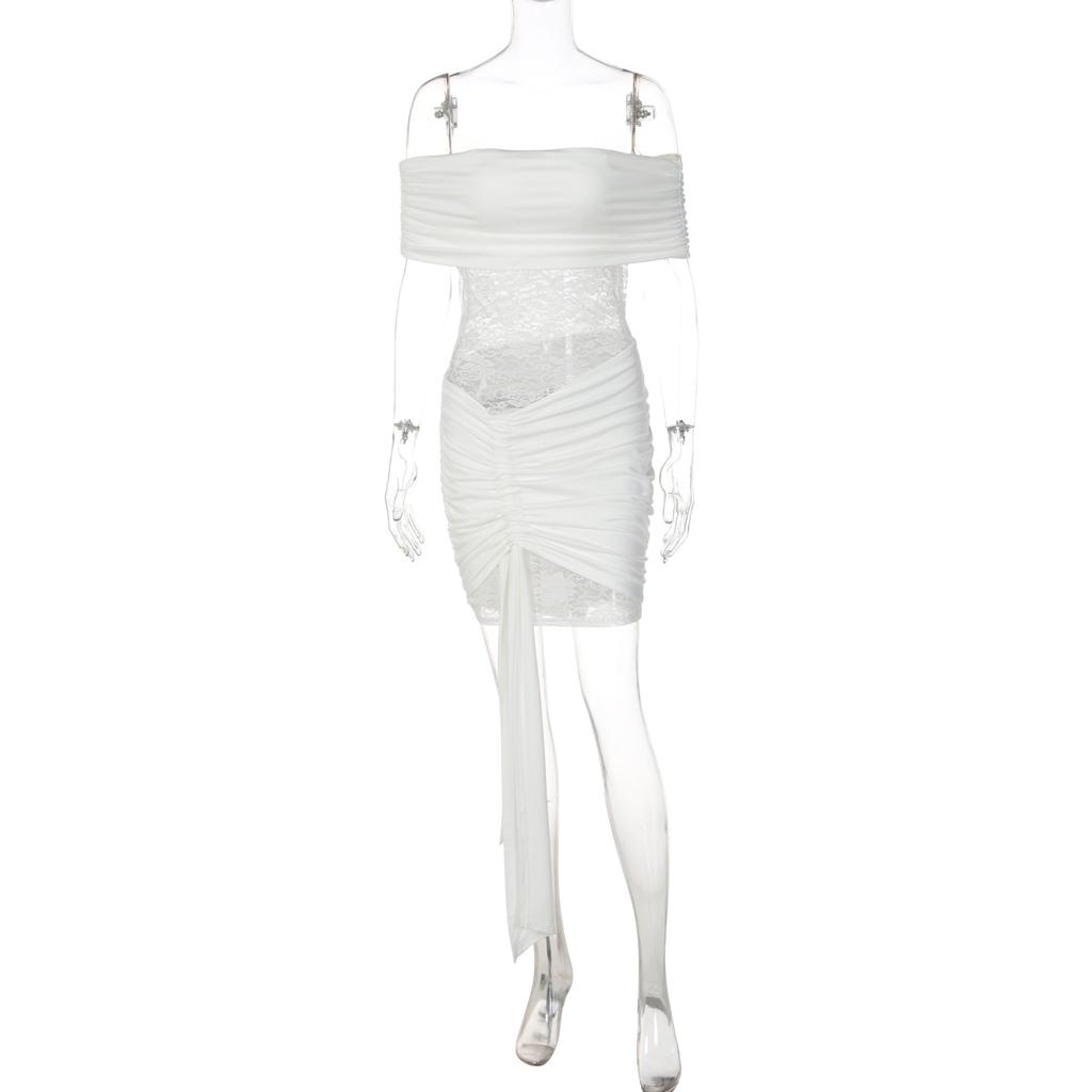 Europe and the United States hot-selling lace dress sexy tube top one-word collar splicing perspective hip strap short skirt women's clothing