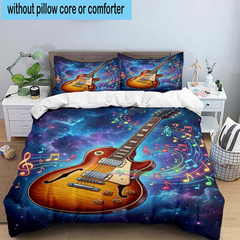 Neon Guitar Melody 3pcs Bedding,Including 1pc Duvet Cover And 2pcs Pillowcases Perfect for Christmas,Ideal for Bedroom, Dormitory