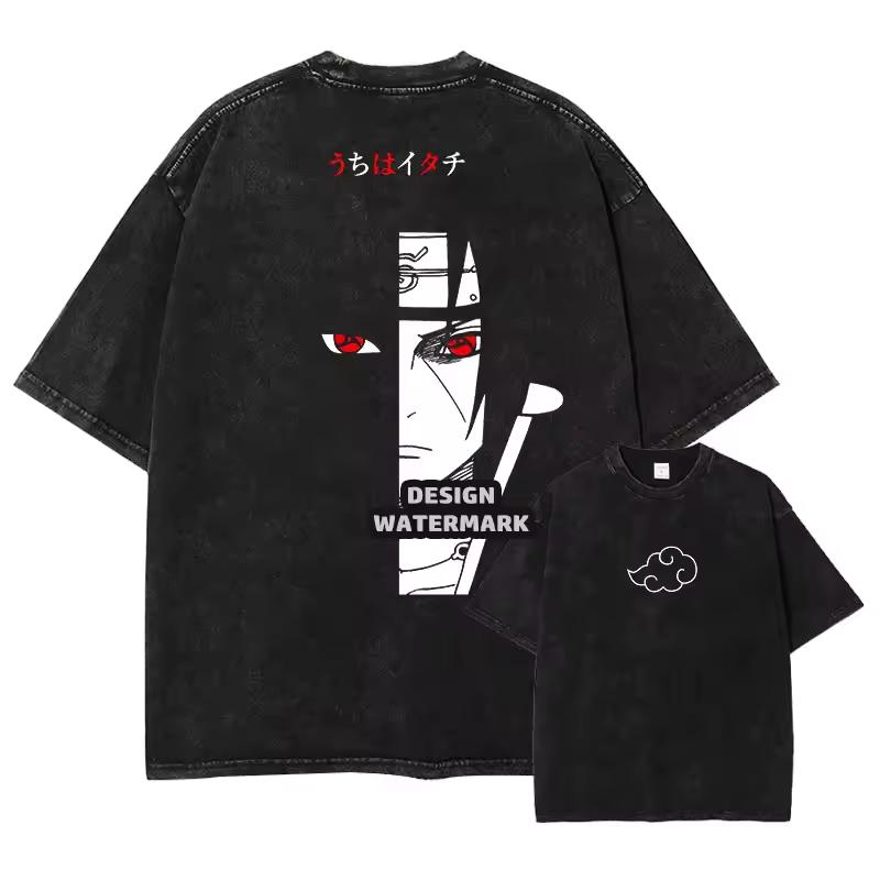 2026Summer Anime Naruto Itachi Character T‑shirt, Vintage Washed Texture, Harajuku Streetwear, Unisex Tee for Otaku Anime Gamers