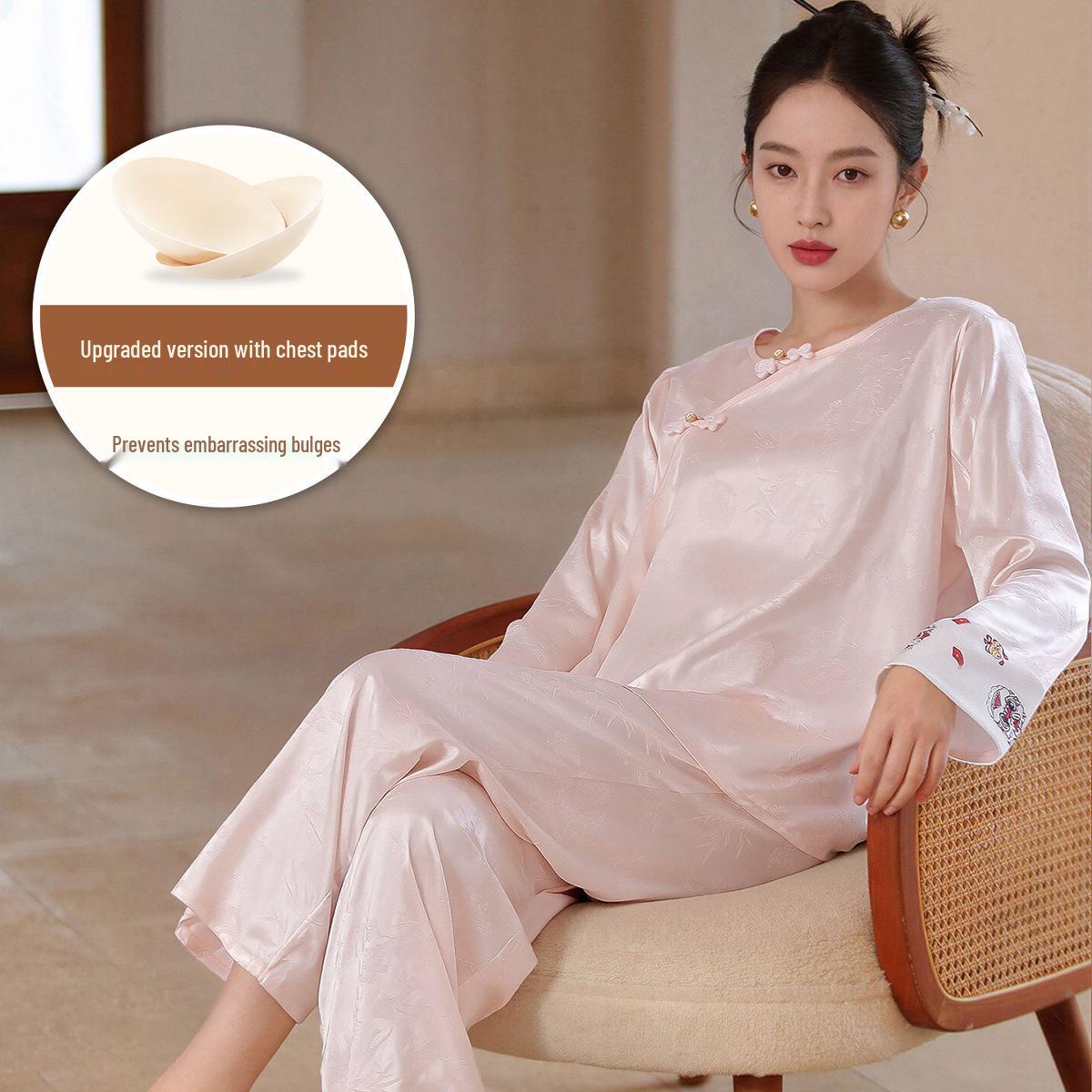 

Red Ice Silk Pajama Set with Chest Pads for Women - Long Sleeve Bridal Sleepwear XL