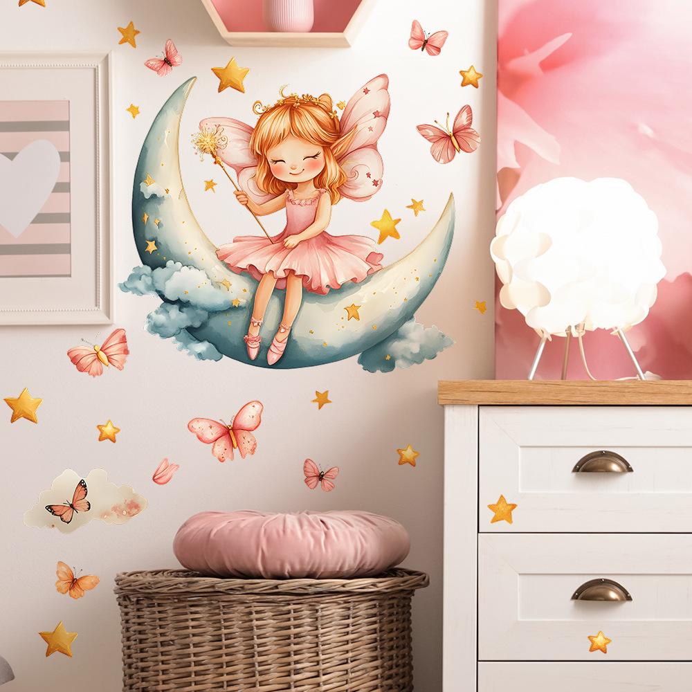 Cartoon Little Girl Moon Stars Bedroom Living Room Home Background Beautification Decoration Wall Stickers