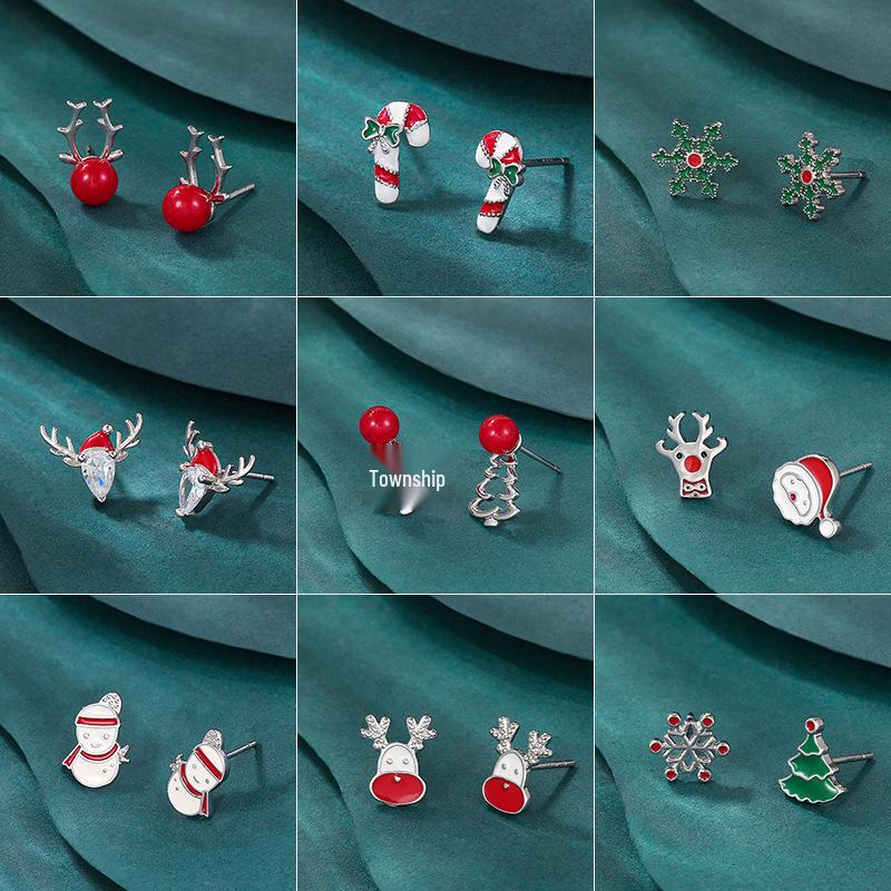 European & American Christmas-Themed Red Enamel Reindeer Santa Claus Stud Earrings for Women