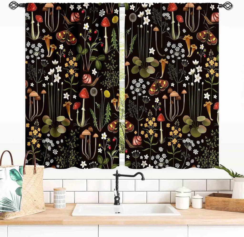 Mushroom Curta, Retro Wild Floral Botanical Mushroom Cottagecore Nature Plants Herbs Farmhouse Blackout Drapes For Kitchen