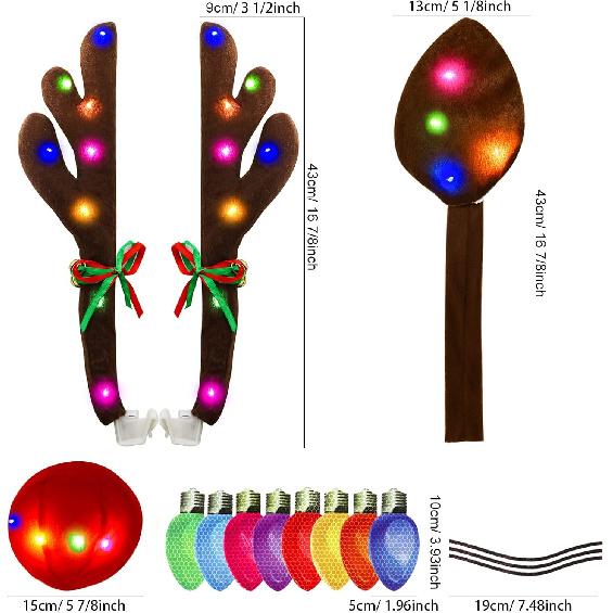 Reindeer Antlers For Cars, Christmas Reindeer Antlers Car Decoration Kit With Color LED Light, Car Decorations With Antlers, Red Nose, Tail, Bell,