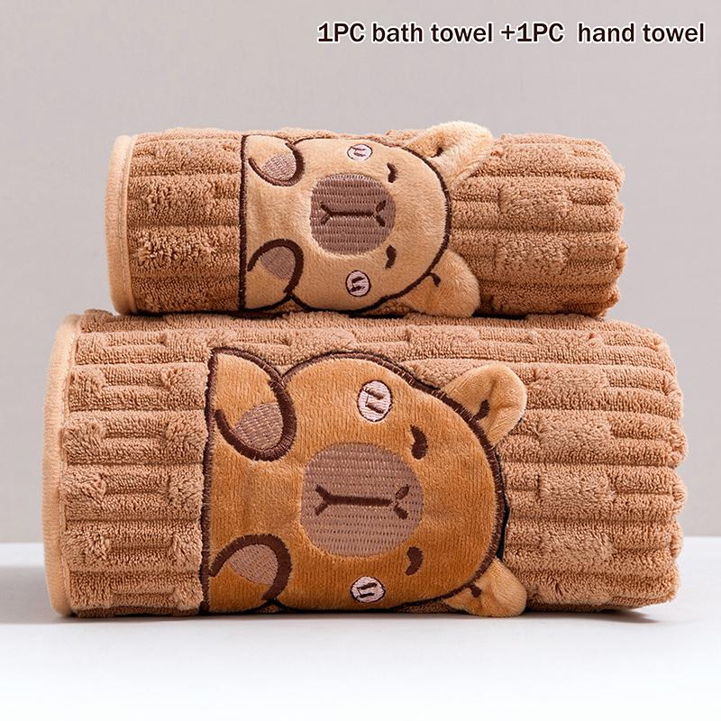 Cute 2-Piece Capybara Face Towel Set, Extra Soft Coral Fleece, 34x74 Inch Towel And 70x140 Inch Bath Towel