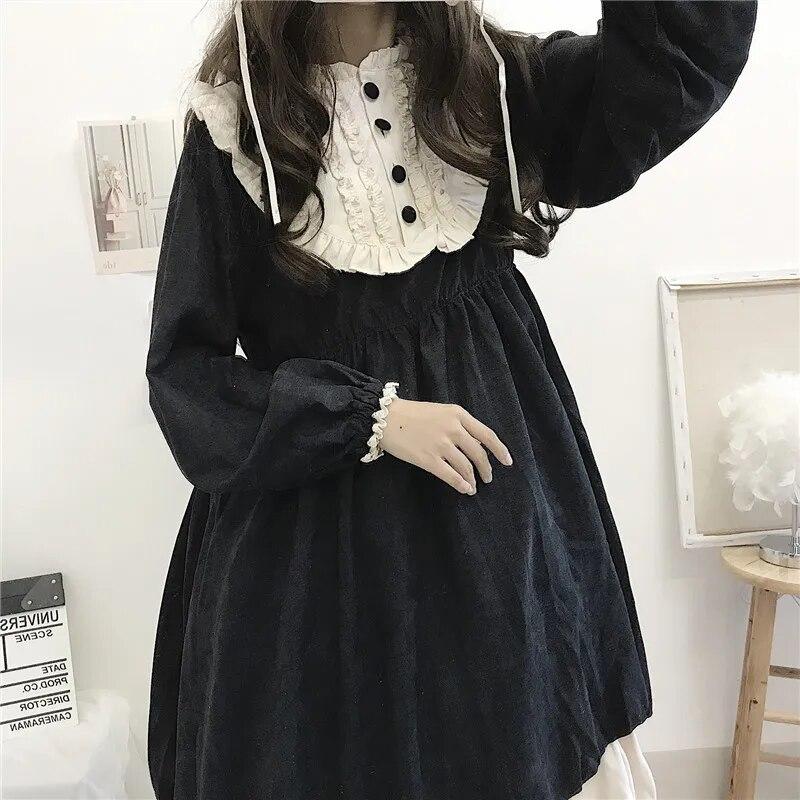 Japanische Lolita-Stil Damenkleider Frühling Herbst Hohe Taille Abnehmen Rüschen Süßes Kleid Kawaii Kleidung