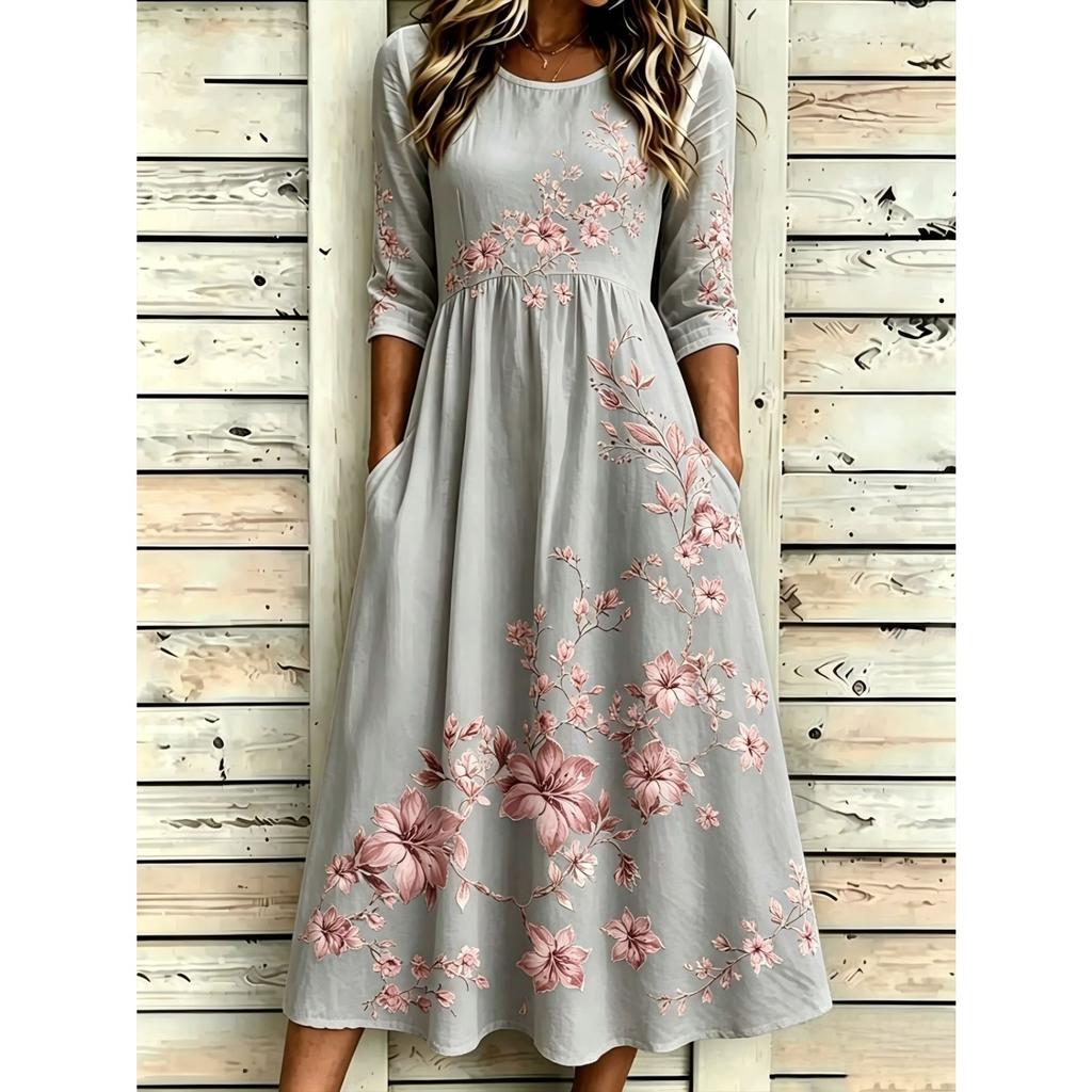Women's Crew Neck Long Sleeve Loose Fit A-Line Midi Dress Casual 3D Floral Print