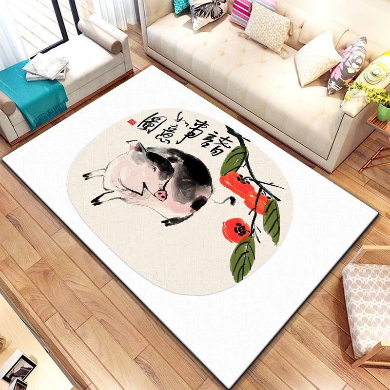 Twelve Chinese Zodiac Animals Painting Carpet for Living Room Large Area Rug Black Soft Carpet Home Decoration Mats Boho Rugs