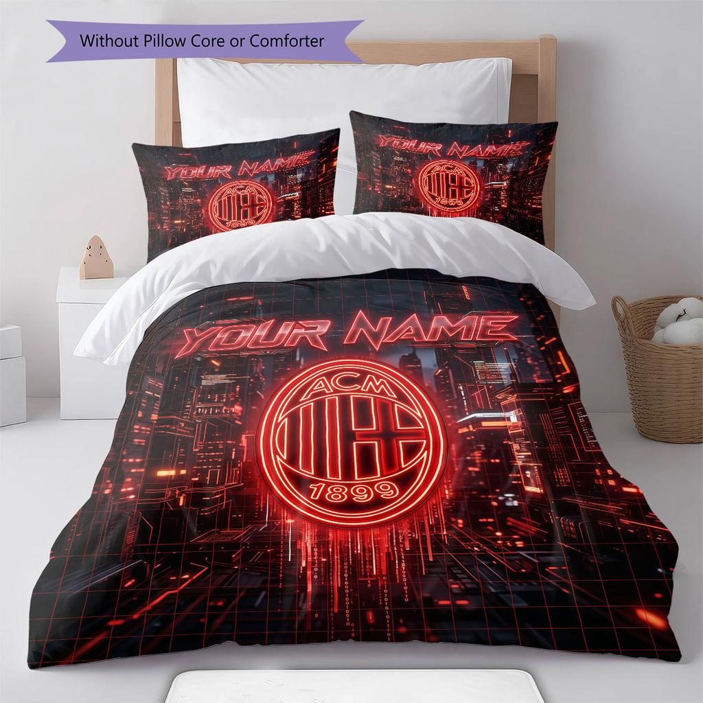 Custom Name,Milan Rossoneri Pattern Bedding Home Decoration Birthday Gift ( 1 duvet cover + 2 pillowcase, without core),fan merchandise.