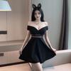 Summer new sexy Spice Girl collar show chest mesh splicing small black dress waist short sleeve big swing dress