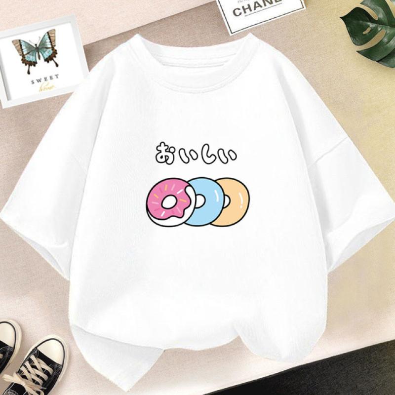 Camiseta de manga curta para meninas de 2 a 14 anos verão crianças camisetas soltas de algodão harajuku kawaii donut tops
