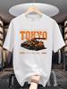 Men's Lightweight Breathable Polyester T-shirt - Tokyo Racing Pattern Printed White Short Sleeved Casual Top, Summer Travel -...