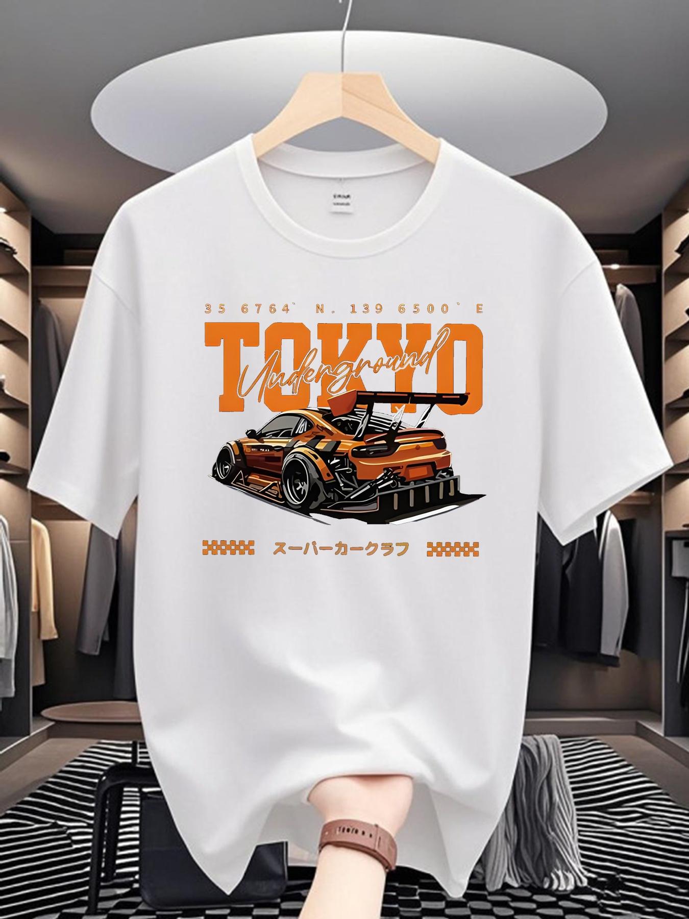 

Men s Lightweight Breathable Polyester T-shirt - Tokyo Racing Pattern Printed White Short Sleeved Casual Top, Summer Travel -... S разноцветный