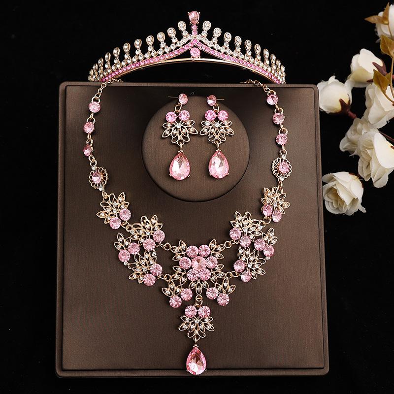 Pink Bridal Crown Three Piece Suit Wedding Crown Tiara Necklace Earrings Korean Super Fairy Wedding Dress Accessories