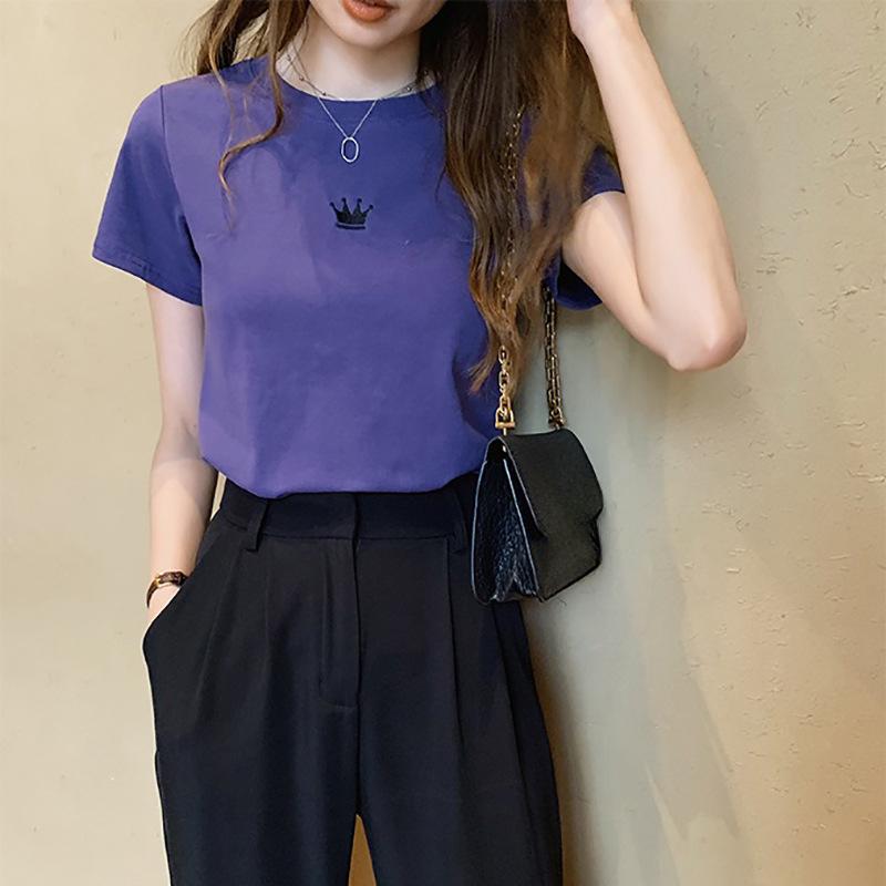 Summer Slim Fit Embroidered Round Neck Short Sleeved T-shirt for Women Student Women's Base Top Shirt