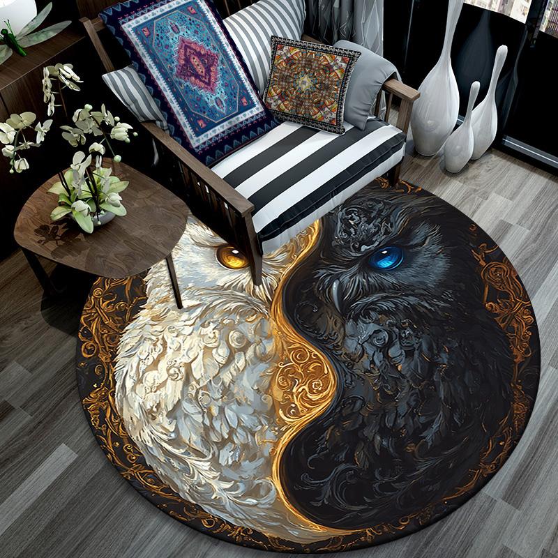 Yin Yang Owl Round Area Rug,Carpet Rug for Living Room Bedroom Sofa Playroom Decor,Non-slip Floor Mat