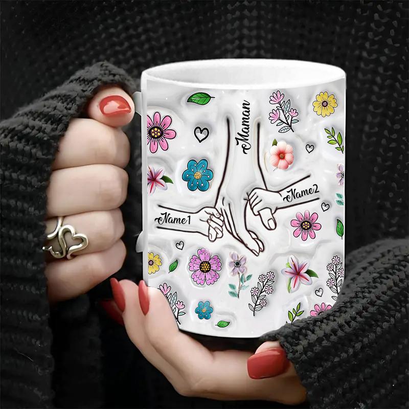 Personalize Name Mug Customize 3D Effect Printing Flowers Cup Holding Hands Coffee Mugs For Children and Mother's Day Gifts