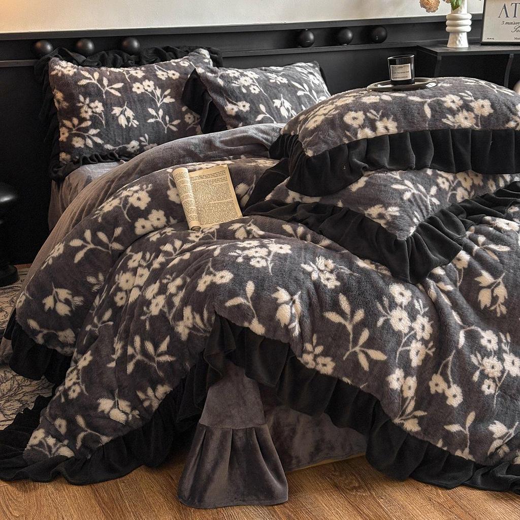 Korean-Style Four-Piece Velvet Bedding Set with Lace and Rabbit Fur: Includes High-Gram Fitted Sheet, Duvet Cover, and Plush Bed Sheet.