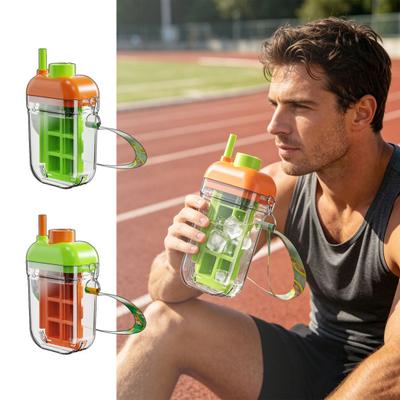 2-in-1 Eiswürfelbereiter & Wasserflasche mit Strohhalm, Silikonform mit Druckentriegelung für Gefrierschrank, Auslaufsichere tragbare Tasse für Fitnessstudio Reisen, BPA-frei Sommer