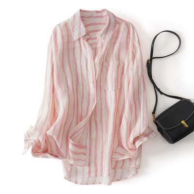 Pink Vintage Striped Women Blouses Ladies Shirt Loose Summer Long Sleeves Polo Neck Cotton Linen Women's Shirts Soft