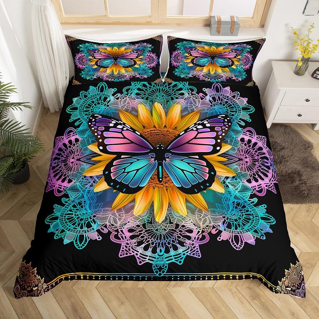Blue Butterfly Duvet Cover Set for Girls, Mandala Bedding Boho Floral Bedroom Comforter Cover Butterfly Print King Quilt Covers