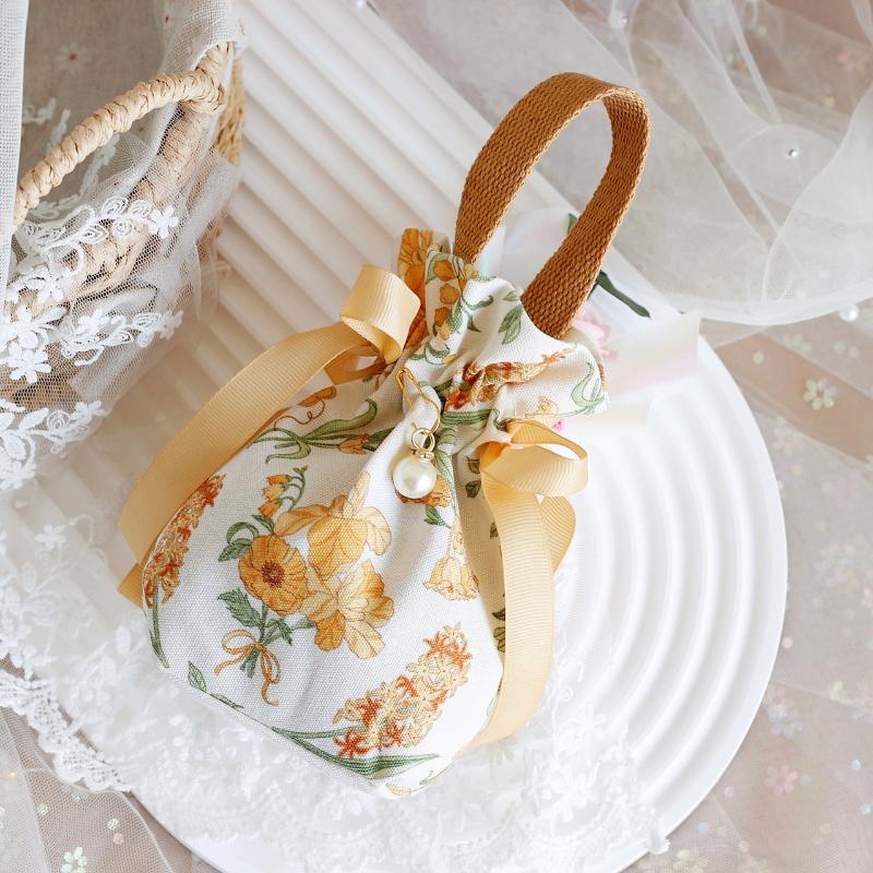 Small Floral Canvas Drawstring Bag Small Bowknot Jewelry Pouch With Pearl Chain Wedding Candy Packaging Bag