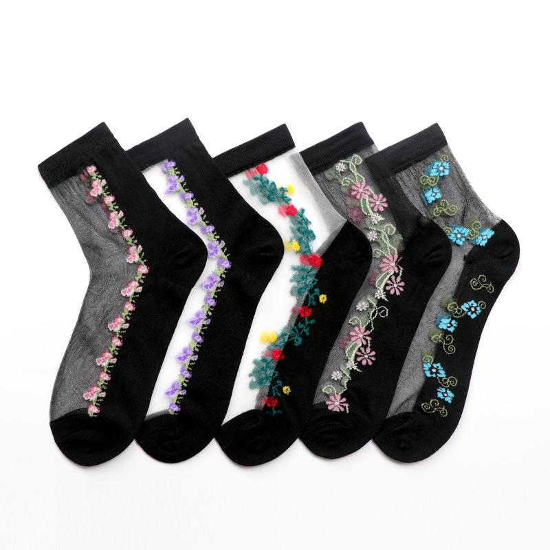 5 Paar Damen Frühling und Sommer Dünne Blume Anti Seide Klare Baumwollsohlen In der Röhre Socken