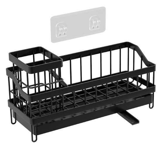 Sink Organizer with Towel Rail Double Compartment Storage Rack Removable Drain Tray Rust-Proof Iron Kitchen Caddy for Sponges Brushes Dishcloths