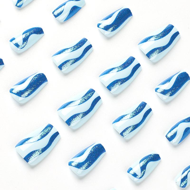 Wear Nail Short Ballet Blue Glitter Wave Nail Patch Wear Nail Wear Nail Advanced Nails