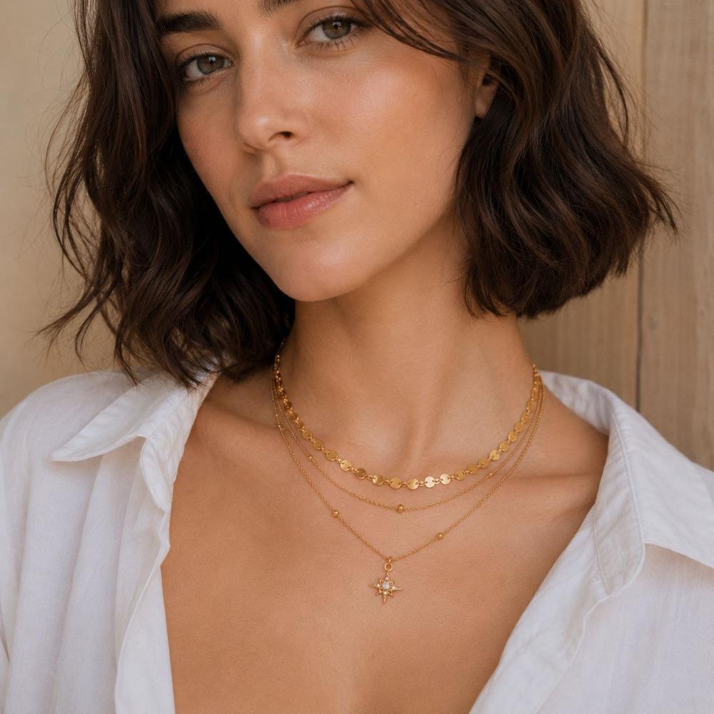 Fashion Luxury Stainless Steel Sequined Round Bead Chain Octagonal Star Zircon Pendant Double-layer Necklace for Women Jewelry