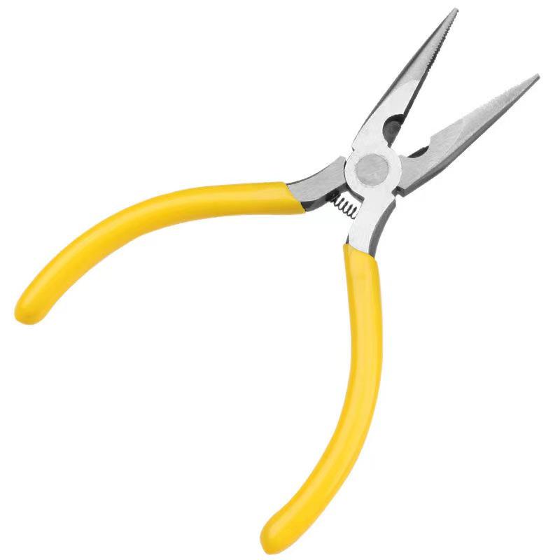 Compact Hand Tool Set: Mini Needle Nose, Diagonal, Curved Nose, Flat Nose, and Vise Pliers.