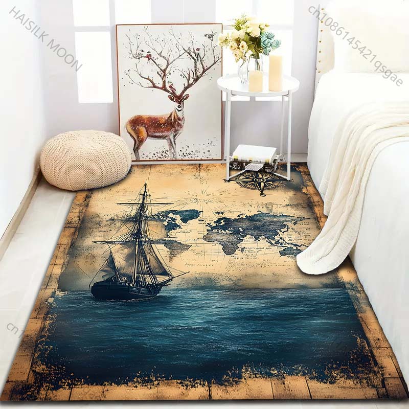 Vintage Nautical Chart Print Carpet for Bedroom Living Room Bedside Sofa Floor Mat Modern Home Decor Area Rug Large Size