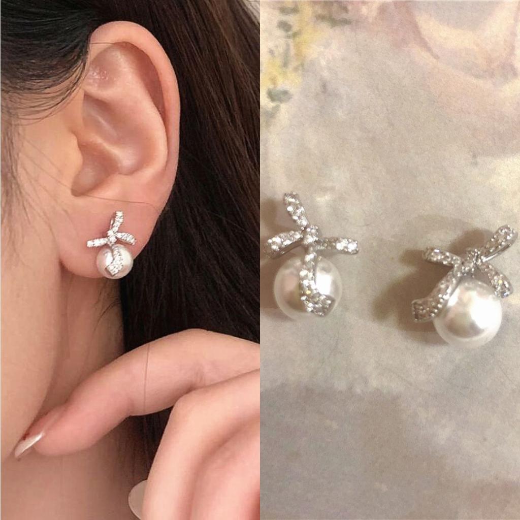Silver Needle Korean Zircon Pearl Bow Earrings Simple Versatile Temperament Earrings Niche Design Earrings