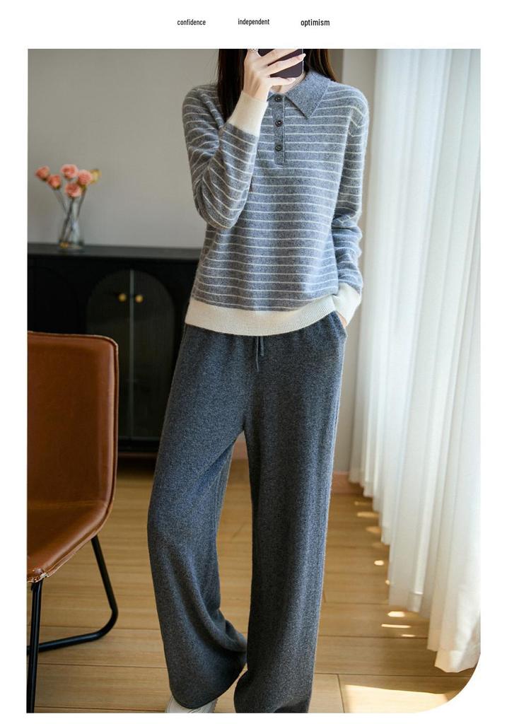 Women's Striped Color Block Polo Neck Knit Sweater - Long Sleeve, Autumn/Winter Top