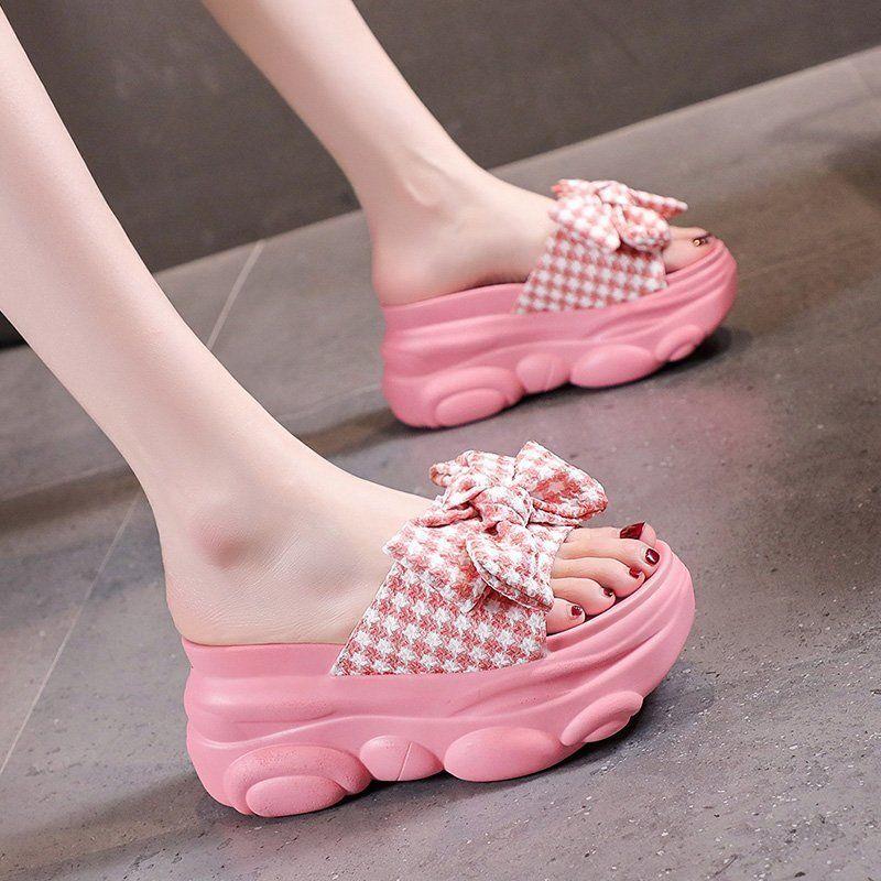 CINESSD Summer Platform Slippers Women Blue Pleated Riband Discolor Ladies Chunky Sole Beach Cool Wedges Slides Shoes Woman