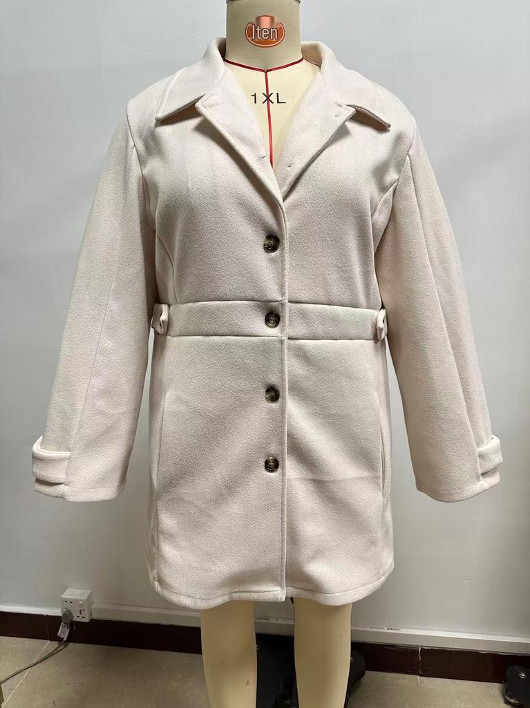 Cross2025 Autumn/Winter Elegant Plus Size Mid-Length Woolen Coat with Lapel and Button Design