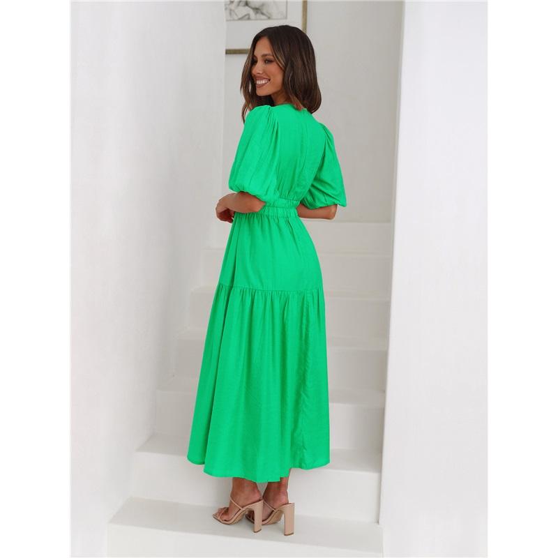 Damen Sommer Neues Produkt Kleid High-End-Sinn Tiefer V-Ausschnitt Ärmel Taille Lässig Strand Langes Kleid Europäischer und Amerikanischer Stil Urlaubsstil