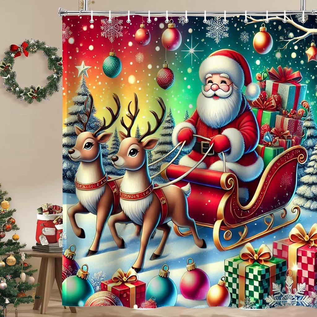Christmas Festival Decorations Santa Claus Pattern Bathroom Shower Curtain With 12  Hooks Home Bathroom Decor and Accessories