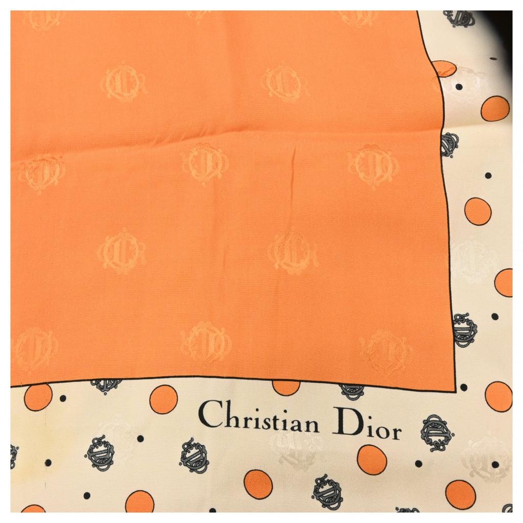 Auth DIOR Emblem Logo Scarf Large Dot Orange Di1512cc Used
