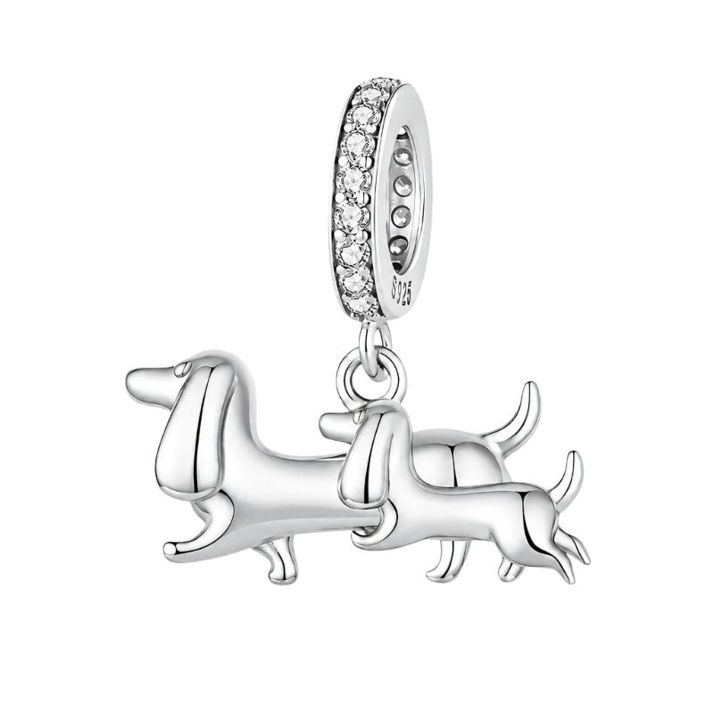Sterling Silver Dachshund Charm with a Polished Mother and Puppy Design, Rounded Contours, and a Large Loop for DIY Jewelry Projects