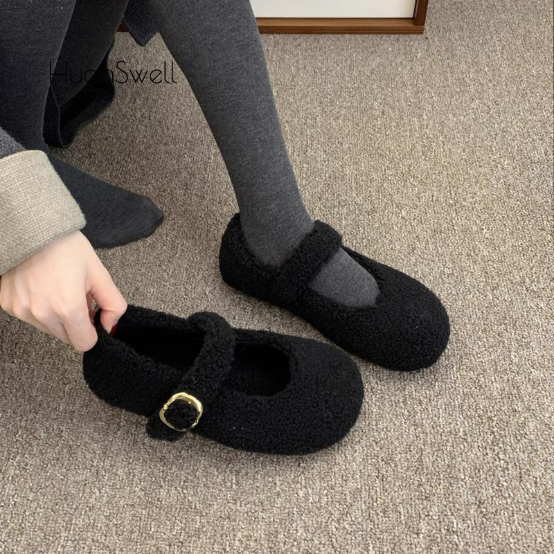 Fashion Elegant Round Toe Lambswool Ballet Flats Woman Winter Warm Plush Loafers Ladies Brand Design Teddy Fur Mary Jane Shoes In Grey