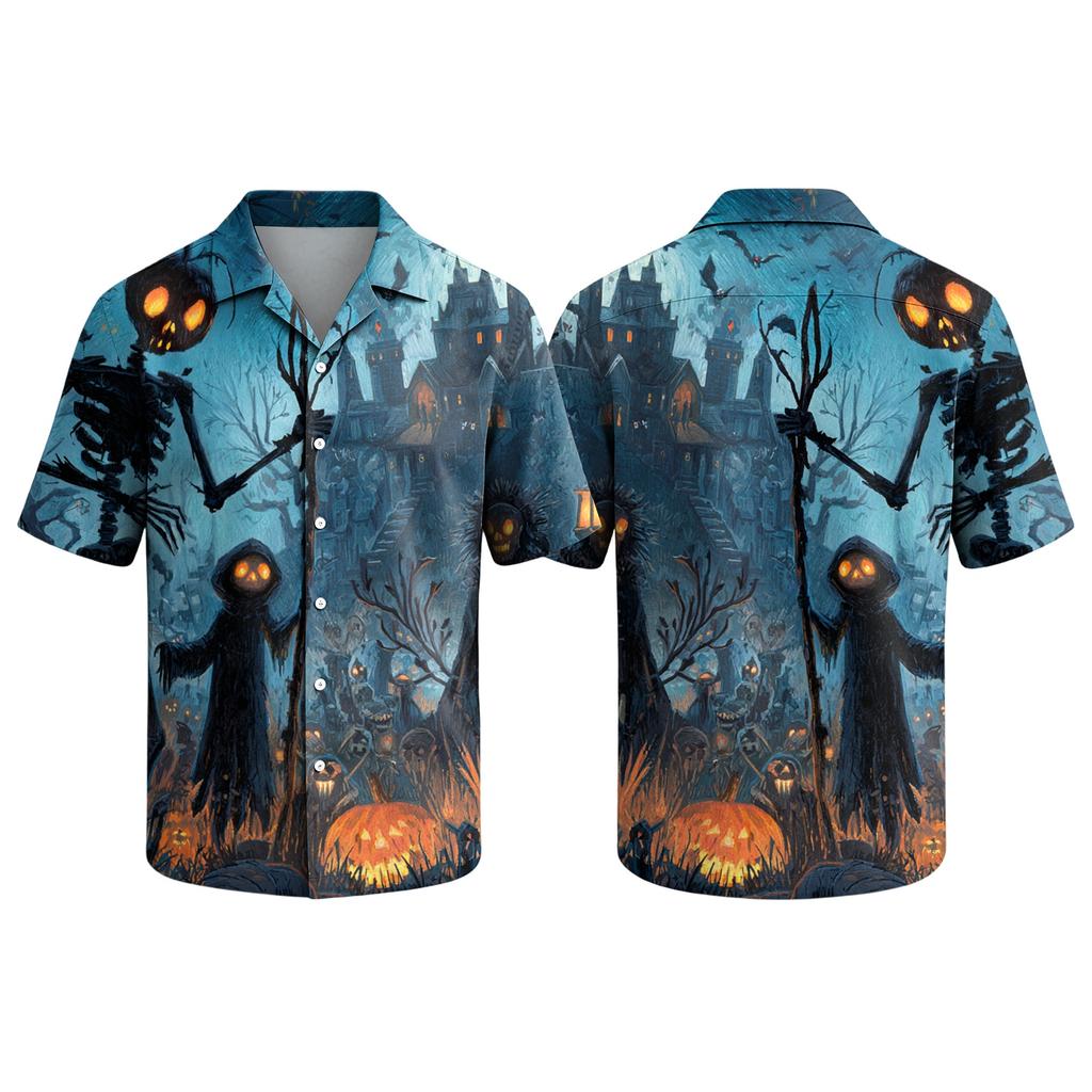 Men's Casual Short Sleeve Button Down Shirt with Halloween Graphic Print Lapel Collar Lightweight Top for Daily Wear