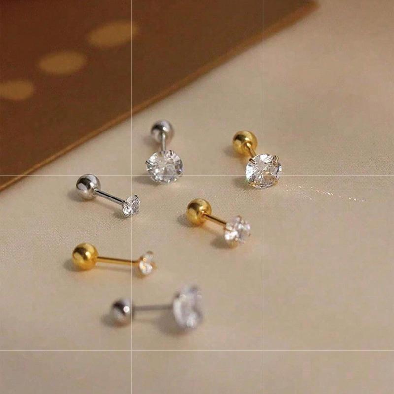 6 Stück/Set Elegante Minimalistische Damenohrringe, Titanstahl Eingelegt mit Künstlichem Zirkonia Ohrstecker, Glänzend & Praktisch für Ohrlochstechen