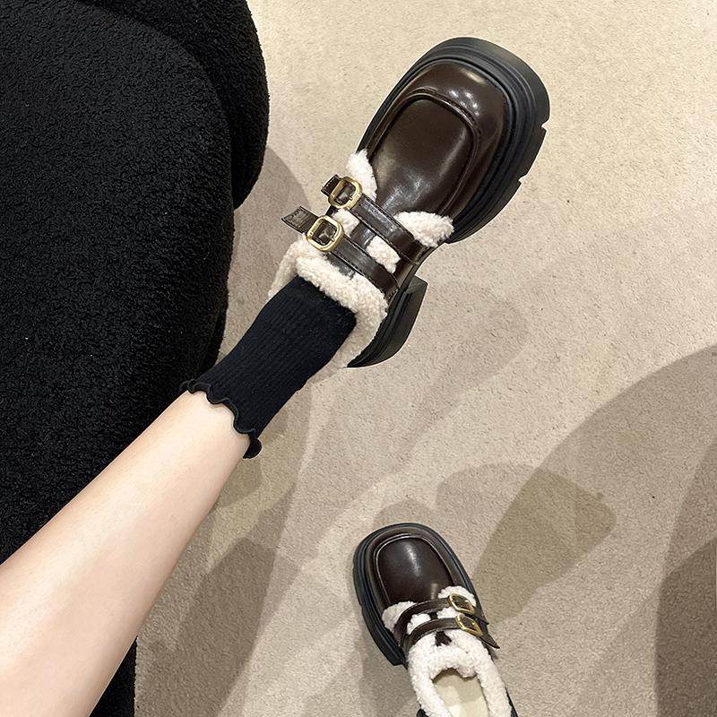 Black Velvet Platform Small Leather Shoes Women'S British Style Autumn And Winter One-Pedal Loafers Mary Jane Shoes