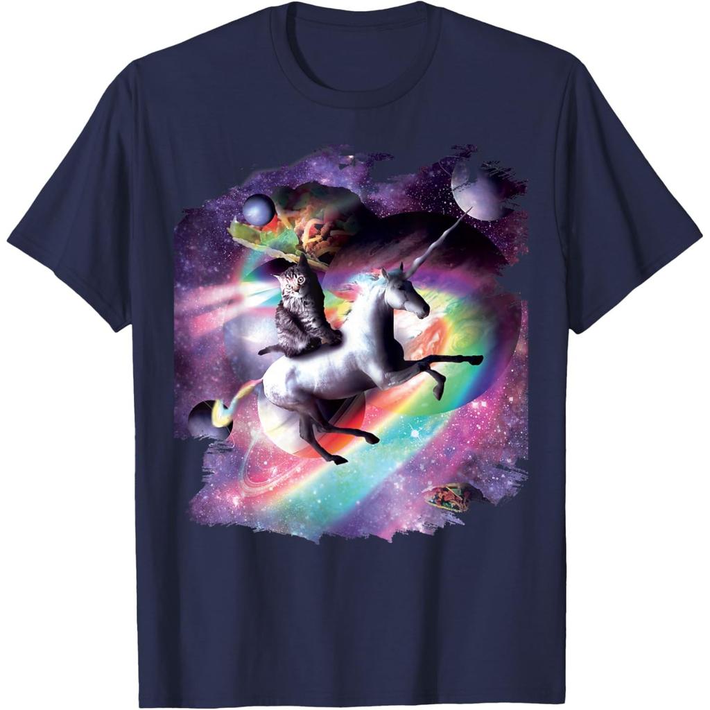 Space Cat Riding Unicorn Graphic Print Mens Cotton Casual Crewneck Tshirt